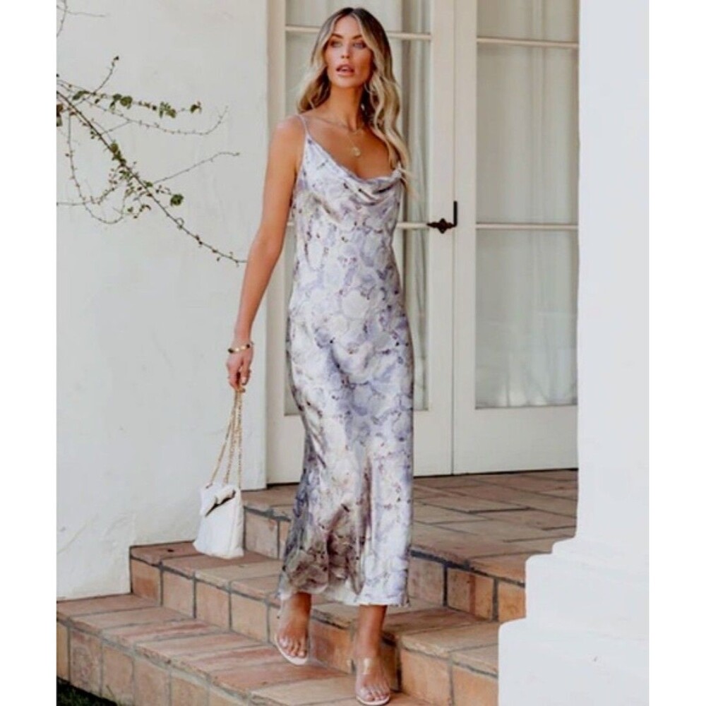 VICI Satin Slip Dress Midi Cowl Neck Lavender Marble Print Medium